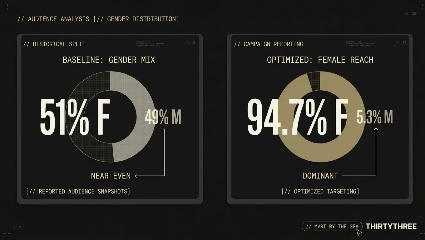 Audience gender mix moving from a near-even 51% female baseline to 94.7% female reach